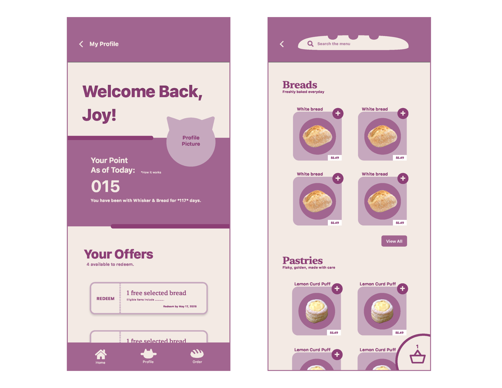 Whisker and Bread low fidelity wireframes